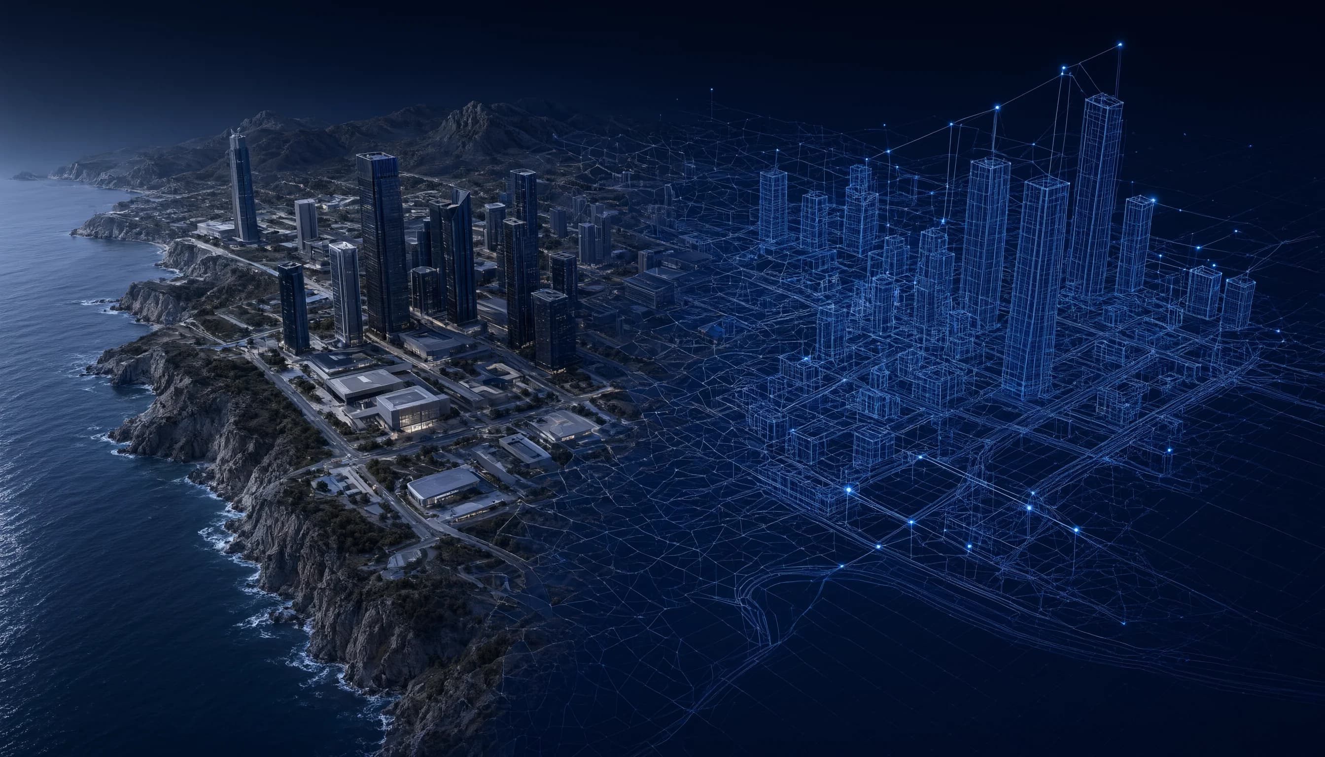 A coastline and city transforming from photograph into a structured model, illustrating perception becoming understanding.